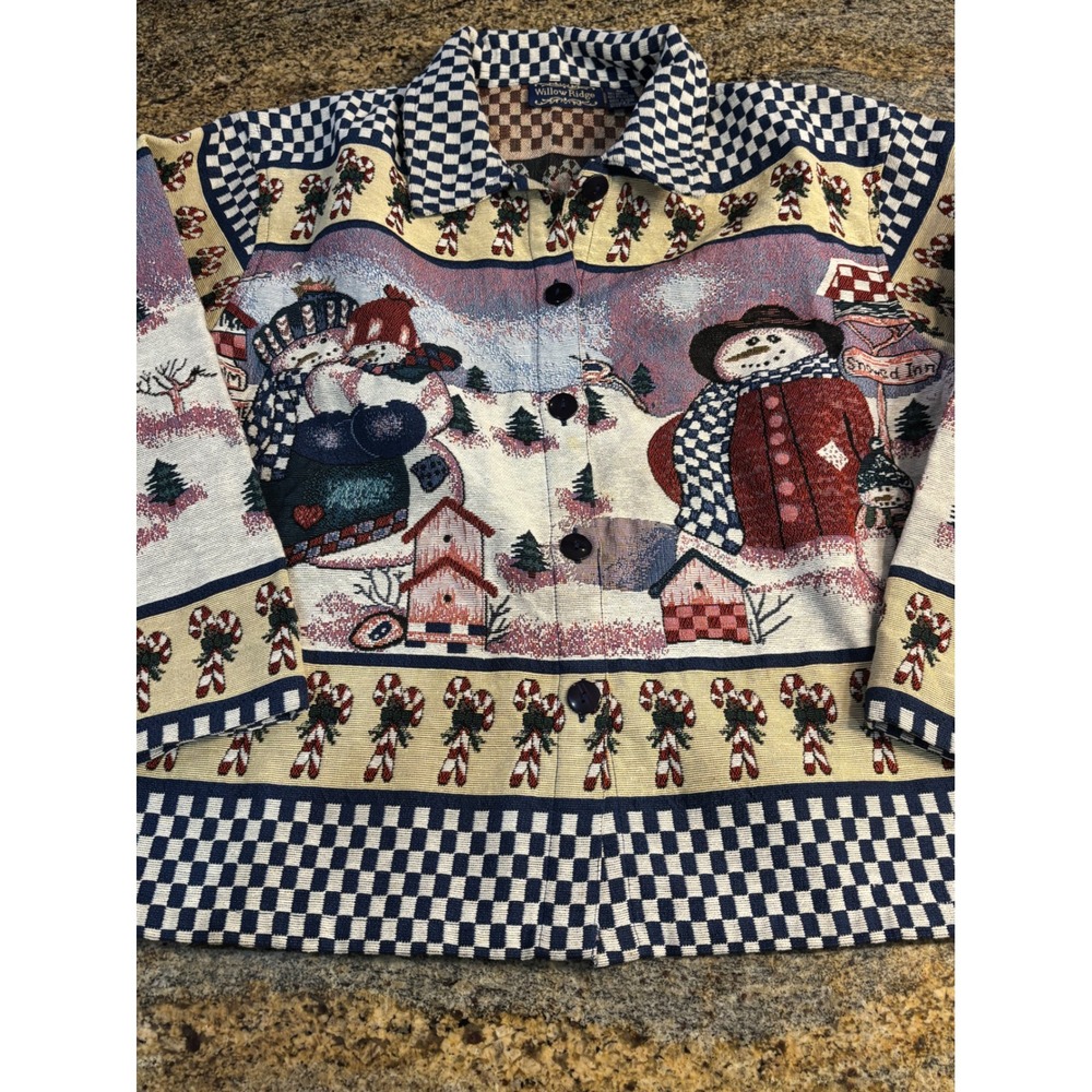 Willow Ridge Vtg Snowman Winter Tapestry‎ Jacket womens XL Christmas AOP grandma